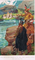 Vieron en los márgenes del lago, tres doncellas sentadas y hilando lino, ilustración de 